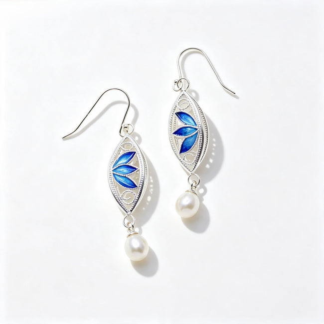 Double-Sided Enamel Lotus Drop Earrings Hover Image