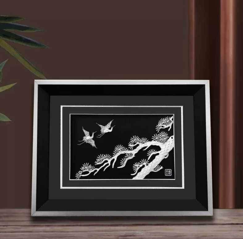 Pine and Crane Silver Thread Art