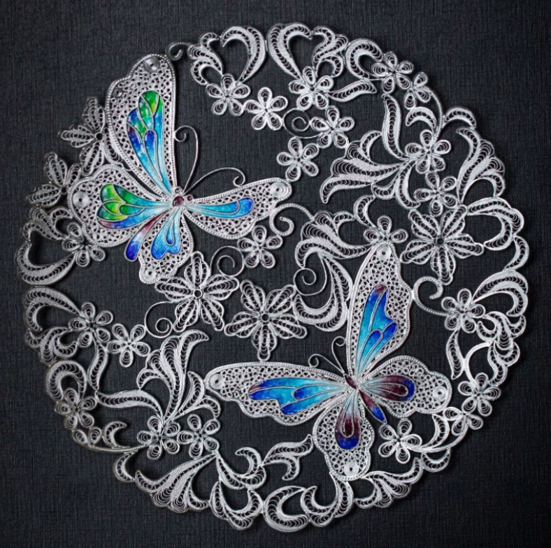 Enamel Twin Butterfly Silver Thread Art